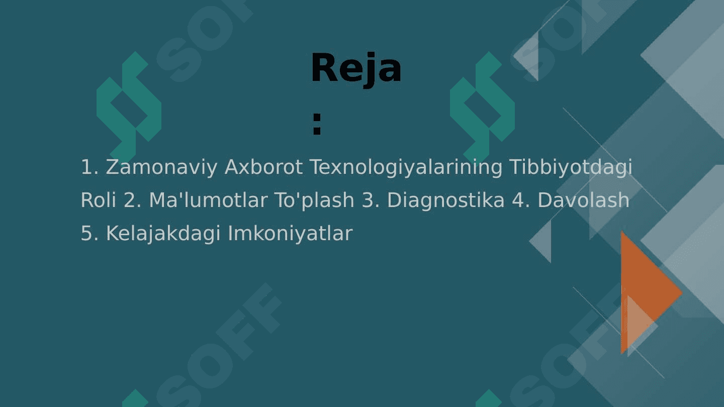 Zamonaviy axborot texnologiyalaridan bugungi kunda foydalanish darajasi, ularni tibbiyotning turli soxalarida ma'lumotlar to'plashda, diagnostika va davolashda tutgan o'rni 2
