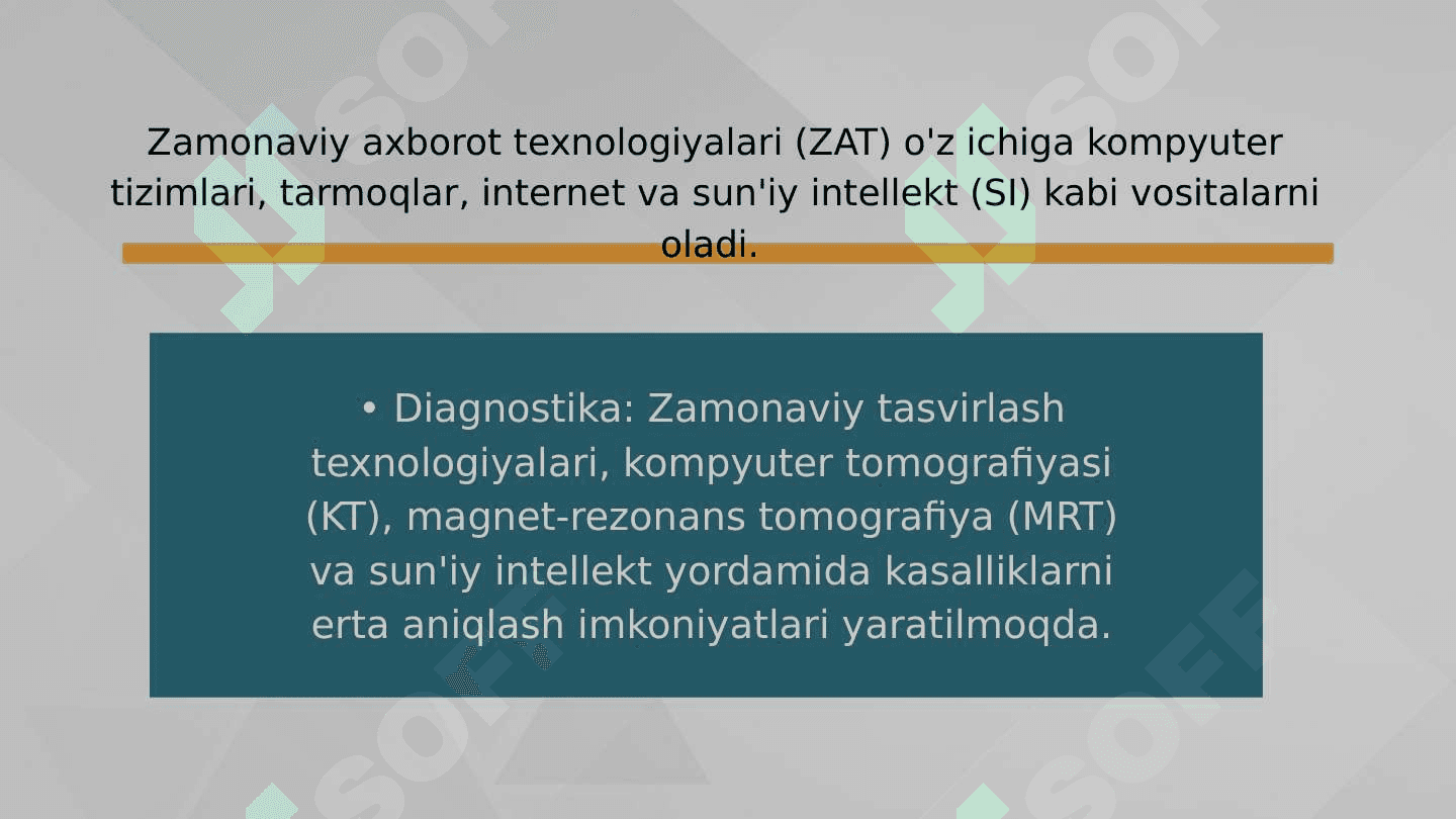 Zamonaviy axborot texnologiyalaridan bugungi kunda foydalanish darajasi, ularni tibbiyotning turli soxalarida ma'lumotlar to'plashda, diagnostika va davolashda tutgan o'rni 4
