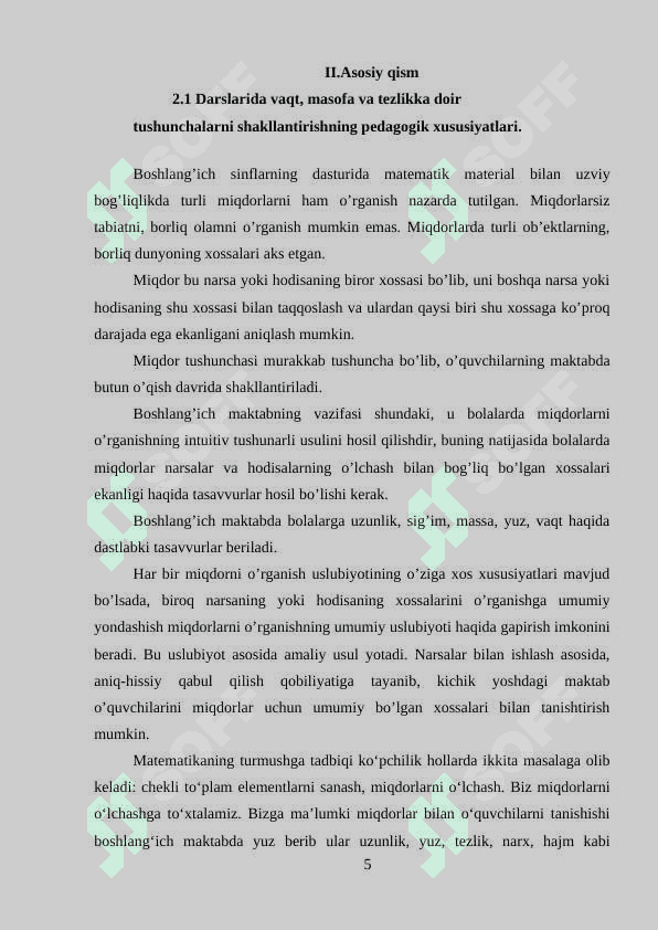 Vaqt, masofa, tezlik haqidagi tasavvurlarini tarkib toptirish va ularning o’lchov birliklari bilan tanishtirish metodikasi. 5