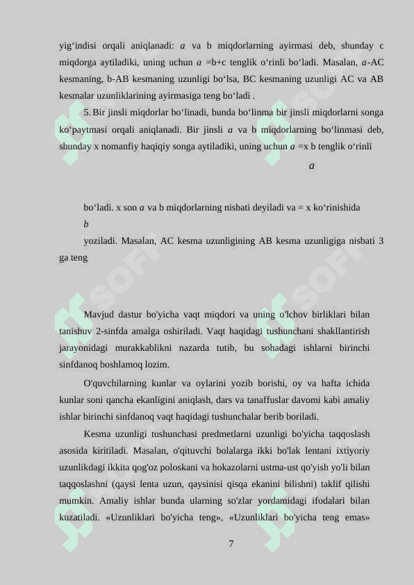 Vaqt, masofa, tezlik haqidagi tasavvurlarini tarkib toptirish va ularning o’lchov birliklari bilan tanishtirish metodikasi. 7