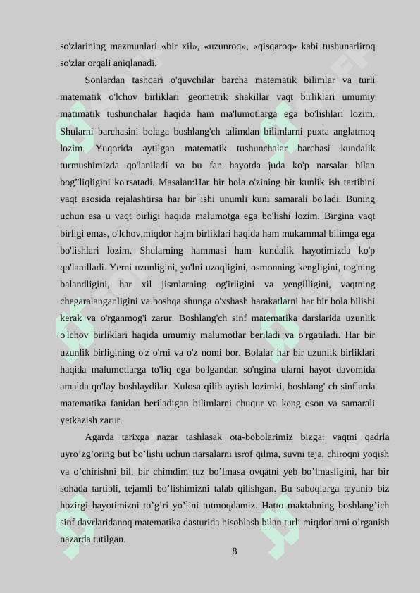 Vaqt, masofa, tezlik haqidagi tasavvurlarini tarkib toptirish va ularning o’lchov birliklari bilan tanishtirish metodikasi. 8
