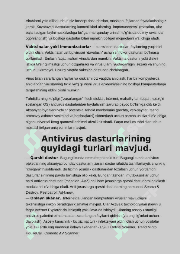 ANTIVIRUS DASTURLARI TURLARI VA ULARNING XUSUSIYATLARI. ANTIVIRUSLAR 3