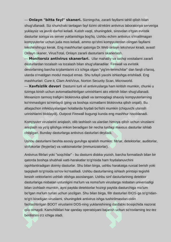 ANTIVIRUS DASTURLARI TURLARI VA ULARNING XUSUSIYATLARI. ANTIVIRUSLAR 4