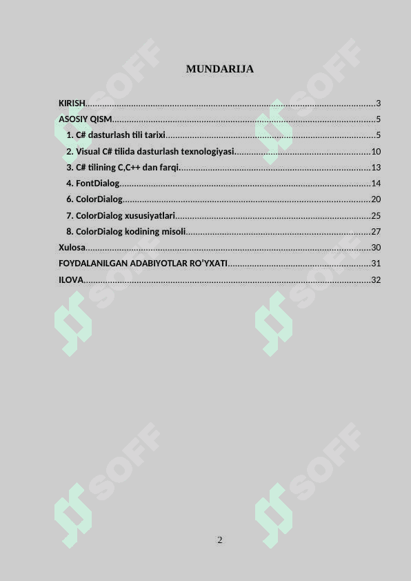 Dasturlashda FontDialog, ColorDialog, FolderBrowserDialog muloqot oynalaridan foydalanish. 2