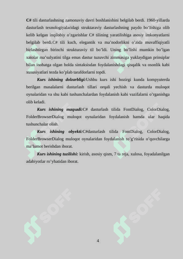 Dasturlashda FontDialog, ColorDialog, FolderBrowserDialog muloqot oynalaridan foydalanish. 4