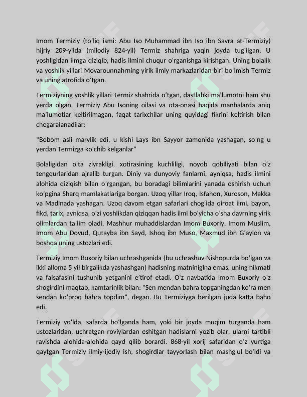 Imom Buxoriy,Imom Termiziyning hadis ilmiga qo'shgan hissalarini qiyosiy tahlili 6
