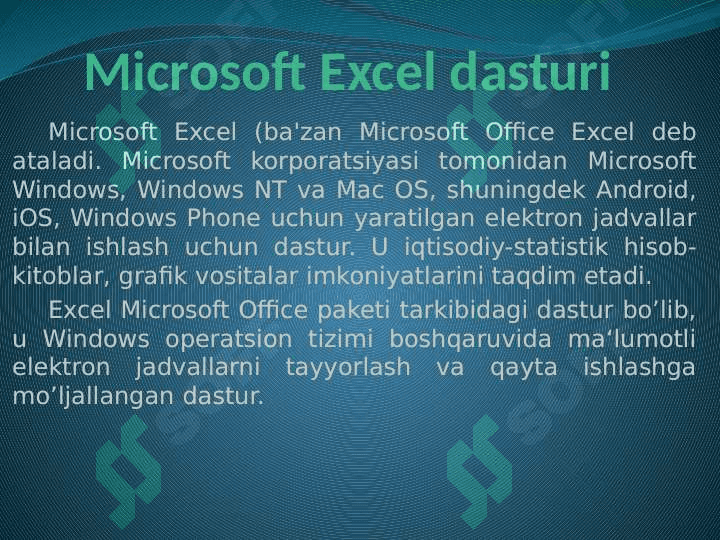Elektron jadval muharrirlari. MS Excel dasturi (TAQDIMOT) 5