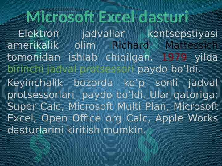 Elektron jadval muharrirlari. MS Excel dasturi (TAQDIMOT) 6