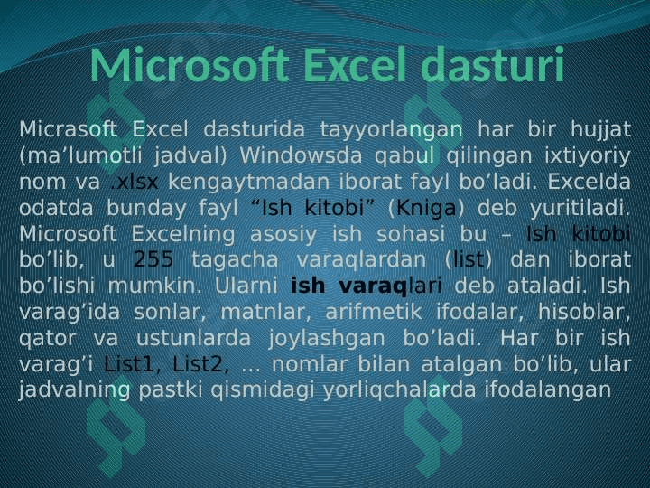 Elektron jadval muharrirlari. MS Excel dasturi (TAQDIMOT) 8