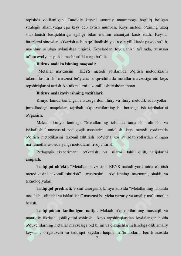 Metallar mavzusini KEYS metodi yordamida o ‘qitish metodikasini takomillashtirish 7