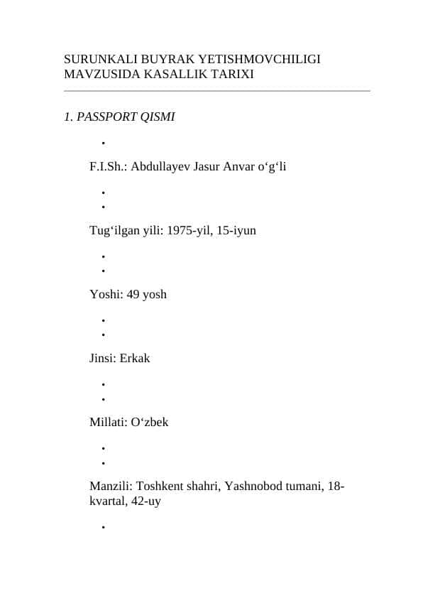Surunkali buyrak yetishmovchiligi kasallik tarixi