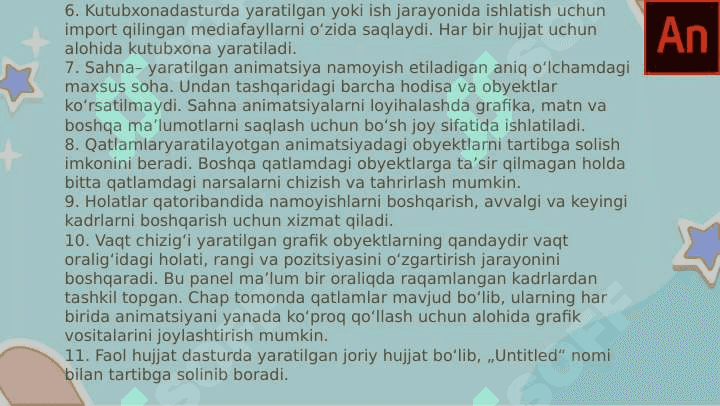 ADOBE ANIMATE DASTURINING INTERFEYSI VA USKUNALAR PANELI 4