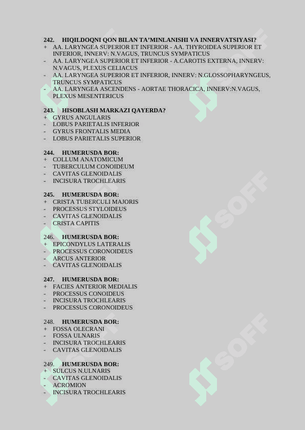 Davolash anatomiya 2-kurslar uchun test javoblari bilan 201-400 6