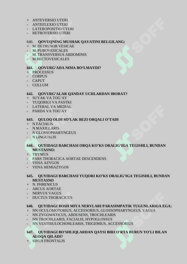 Davolash anatomiya 2-kurslar uchun test javoblari bilan 601-846 6