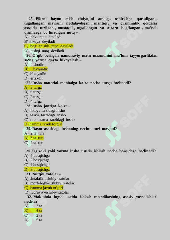 Ona tili o’qitish metodikasi test savollari javoblari bilan 4