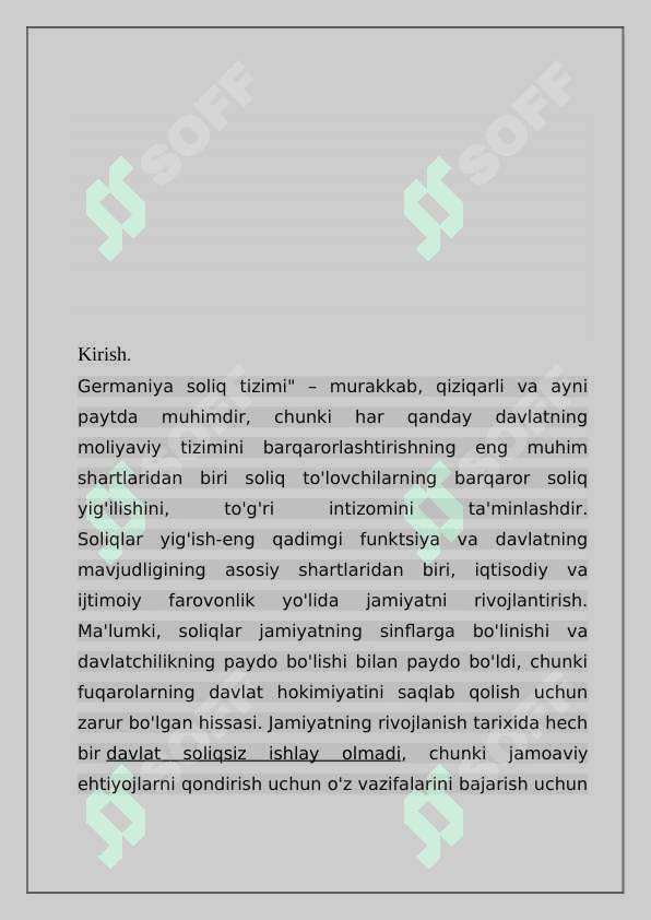 1 Soliqqa oid huquqbuzarliklar uchun qullaniladigan moliyaviy sanksiyalar ularning turlari va qullash tartiblarini tavsiflash . 2 Germaniya soliq tizimida soliqqa oid huquqbuzarliklar uchun qullaniladigan moliyaviy va jinoiy sanksiyalarni urganib ularning mamlakatimiz soliq qonunchiligida belgilangan shu kabi miyorlari bilan farqlari hamda uxshashliklarini izohlash 4