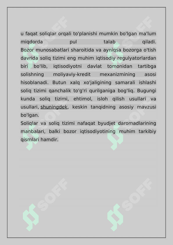 1 Soliqqa oid huquqbuzarliklar uchun qullaniladigan moliyaviy sanksiyalar ularning turlari va qullash tartiblarini tavsiflash . 2 Germaniya soliq tizimida soliqqa oid huquqbuzarliklar uchun qullaniladigan moliyaviy va jinoiy sanksiyalarni urganib ularning mamlakatimiz soliq qonunchiligida belgilangan shu kabi miyorlari bilan farqlari hamda uxshashliklarini izohlash 5