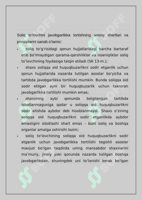 1 Soliqqa oid huquqbuzarliklar uchun qullaniladigan moliyaviy sanksiyalar ularning turlari va qullash tartiblarini tavsiflash . 2 Germaniya soliq tizimida soliqqa oid huquqbuzarliklar uchun qullaniladigan moliyaviy va jinoiy sanksiyalarni urganib ularning mamlakatimiz soliq qonunchiligida belgilangan shu kabi miyorlari bilan farqlari hamda uxshashliklarini izohlash 7