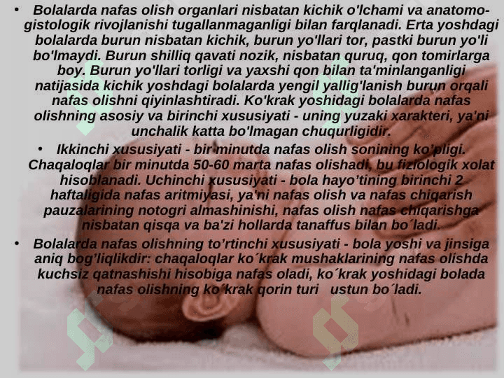 CHAQALOQLIK DAVRI FIZIOLOGIYASI. MOSLASHISH DAVRI XUSUSIYATLARI. YETUK TUG’ILGAN CHAQALOQLARNI PARVARISHLASH USULLARI 6