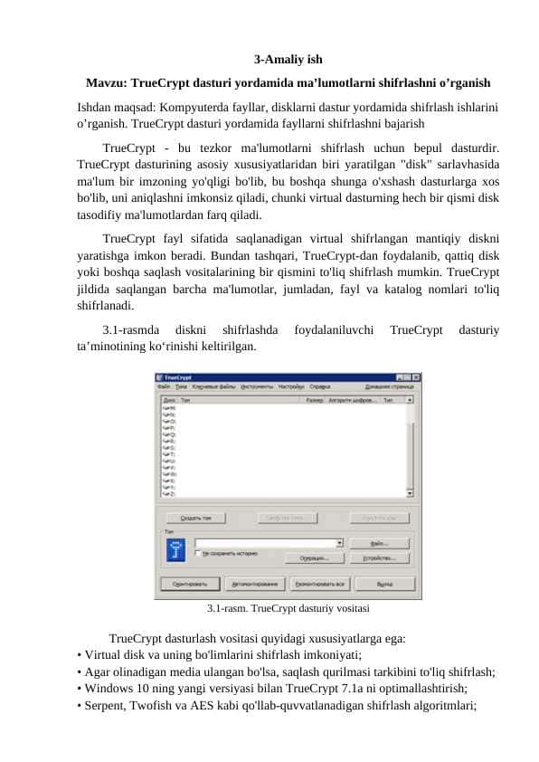 TrueCrypt dasturi yordamida ma'lumotlarni shifrlashni o'rganish