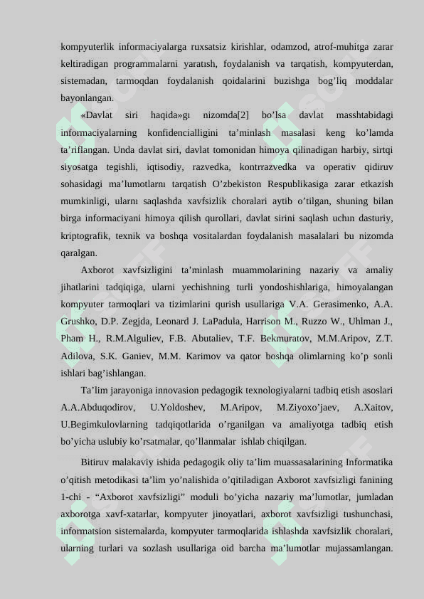 Axborotga xavf-hatarlar mavzusini kasb-hunar kolledj talabalariga o’rgatish metodikasi diplom ishi 4