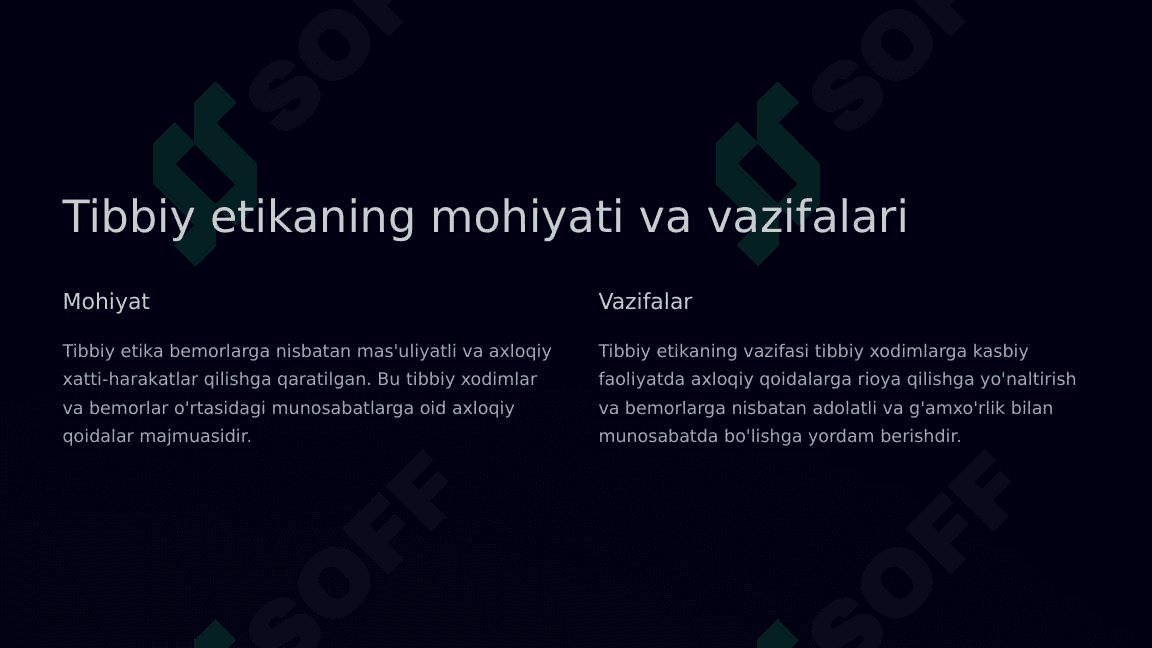 Stomatologiyada deontologiya va tibbiy etika. Xalqaro tibbiy etika kodeksi. Tibbiyot xodimlari va bemorlar o'rtasidagi o'zaro munosabatlarning xususiyatlari 3