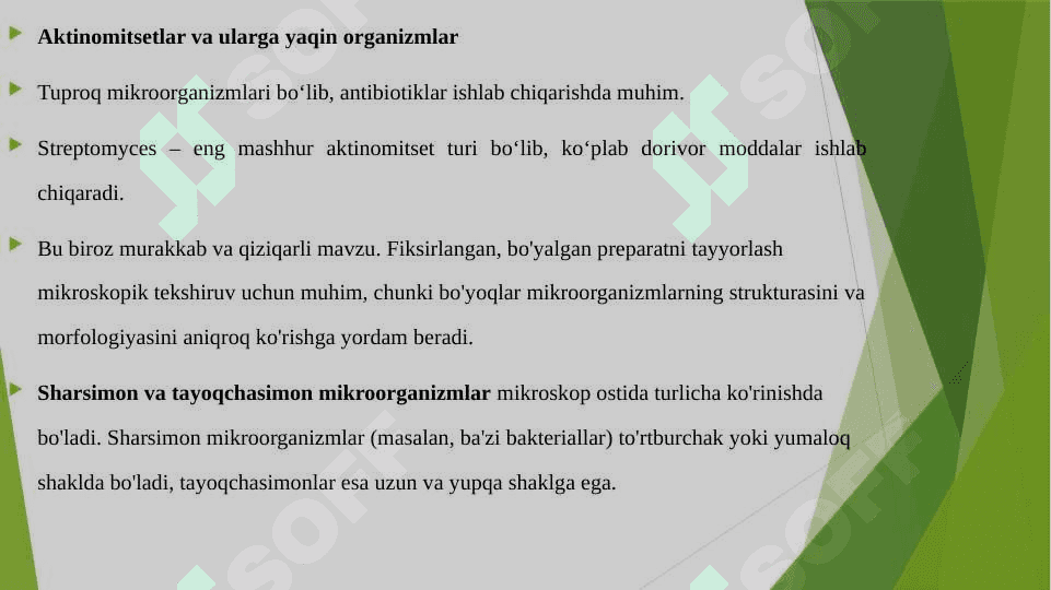FIKSIRLANGAN, BO'YALGAN PREPARATNI TAYYORLASH, SHARSIMON, TAYOQCHASIMON MIKROORGANIZMLAR VA ULARNING MORFOLOGIYASI BILAN TANISHISH.TUPROQ, SUV XAVO MIKROFLORASINI O'RGANISH. AKTINOMITSILAR VA ULARGA YAQIN ORGANIZMLAR. 5