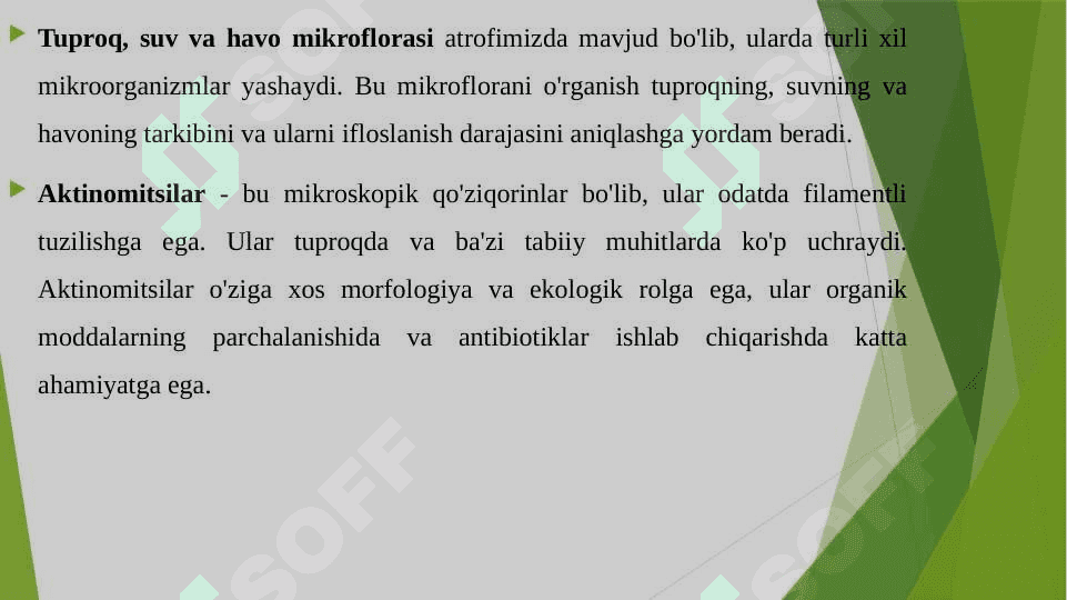 FIKSIRLANGAN, BO'YALGAN PREPARATNI TAYYORLASH, SHARSIMON, TAYOQCHASIMON MIKROORGANIZMLAR VA ULARNING MORFOLOGIYASI BILAN TANISHISH.TUPROQ, SUV XAVO MIKROFLORASINI O'RGANISH. AKTINOMITSILAR VA ULARGA YAQIN ORGANIZMLAR. 6