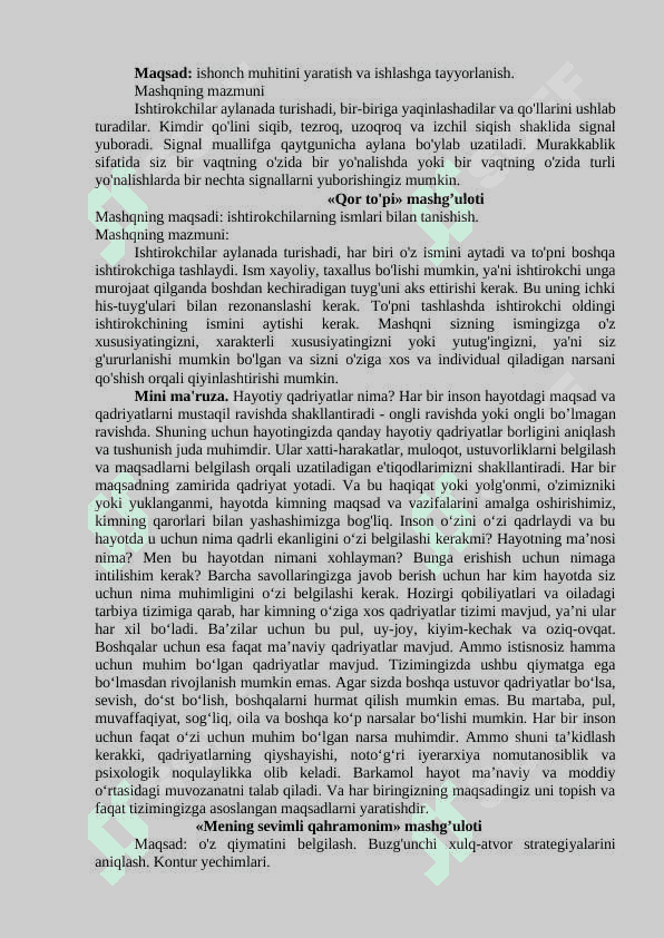 "Qadriyatlar" Trening ishlanma 2