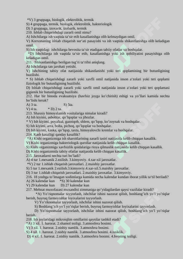 Hayot faoliyati xavfsizligi fanidan yakuniy nazorat uchun test savollari javoblari bilan 2