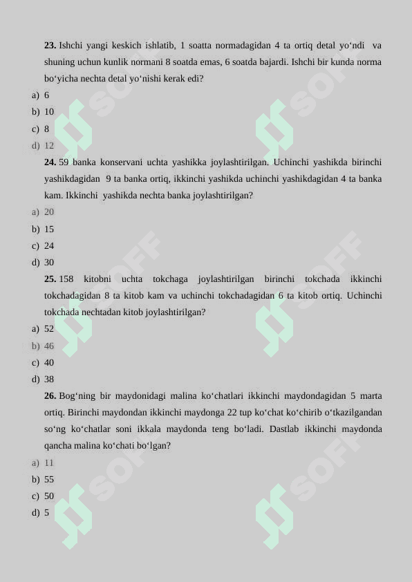 Boshlang’ich matematika kursi nazariyasi test javoblari bilan 5