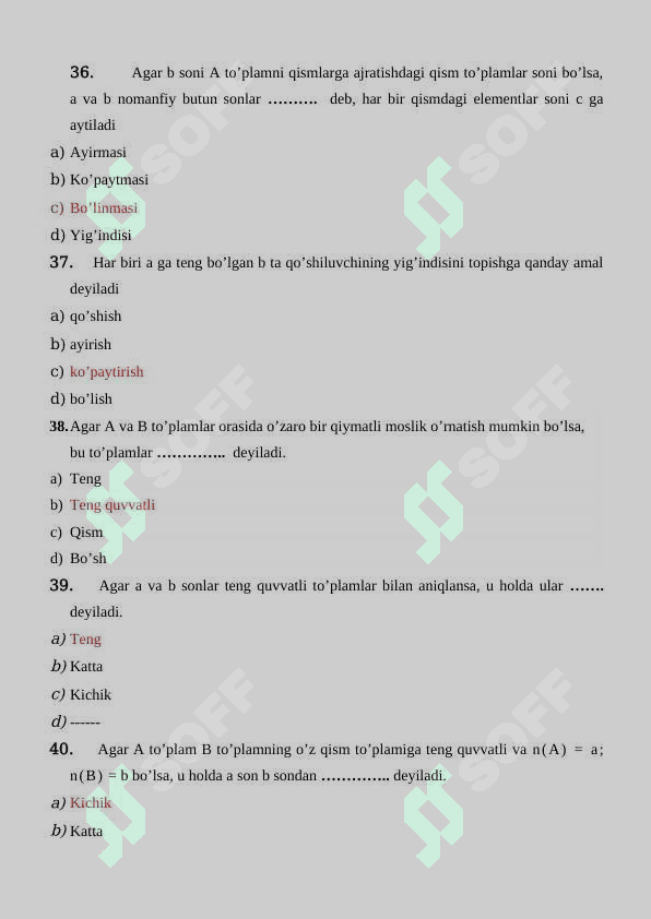 Boshlang’ich matematika kursi nazariyasi test javoblari bilan 8
