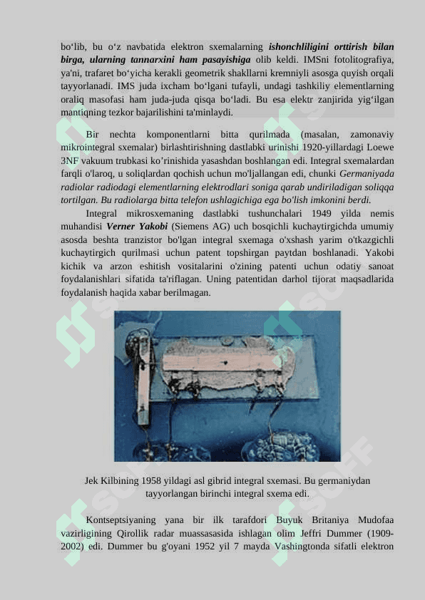 Elektronika va sxemalar 2 fani, mazmuni va usullari. IMSlarning yaratilish tarixi. Nanoelektronika 2