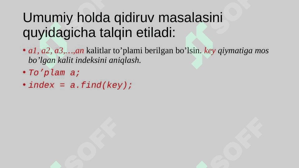 Qidiruv va xeshlash algoritmlar. Qidiruv algoritmlar:chiziqli algoritm, binary qidiruv algoritmi 4
