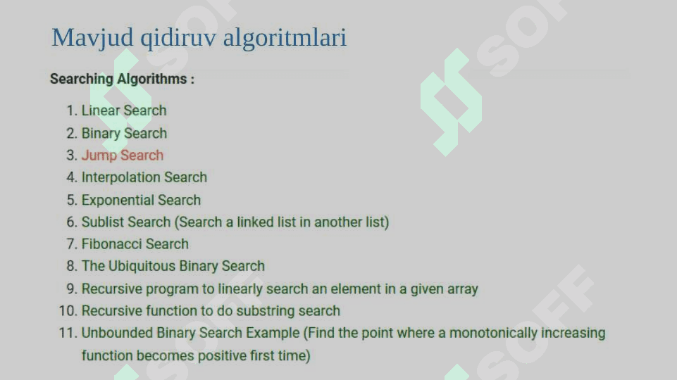 Qidiruv va xeshlash algoritmlar. Qidiruv algoritmlar:chiziqli algoritm, binary qidiruv algoritmi 5