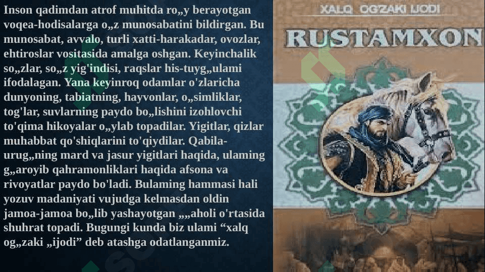 Xalq ogzaki ijodi xalq qadriyatlarining tarkibi sifatida. navroz qo`shiqlari va M.jo`rayev ilmiy merosini organish 3