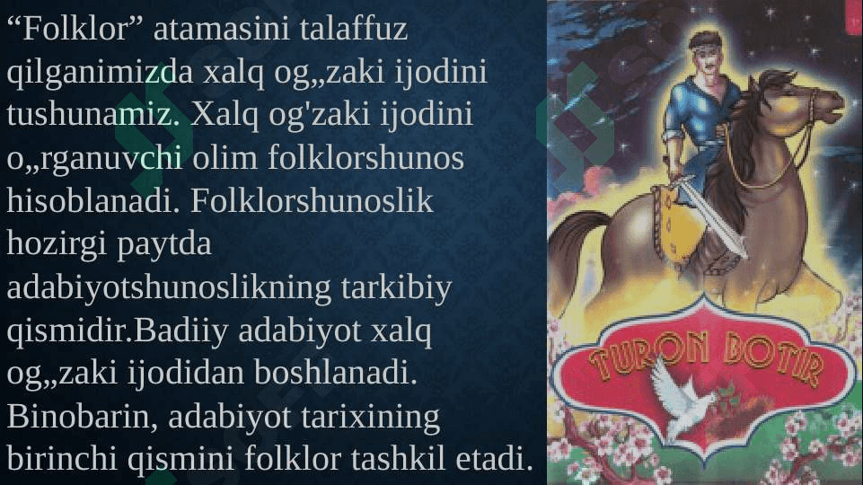 Xalq ogzaki ijodi xalq qadriyatlarining tarkibi sifatida. navroz qo`shiqlari va M.jo`rayev ilmiy merosini organish 6