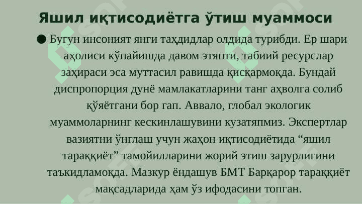 Яшил иқтисодиётга ўтишнинг зарурати, тамойиллари ва дастаклари 2