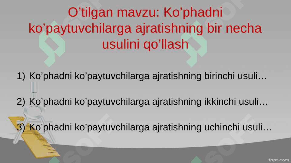 KO’phadni ko’paytuvchilarga ajratishning bir necha usullariga doir misollar yechish 5