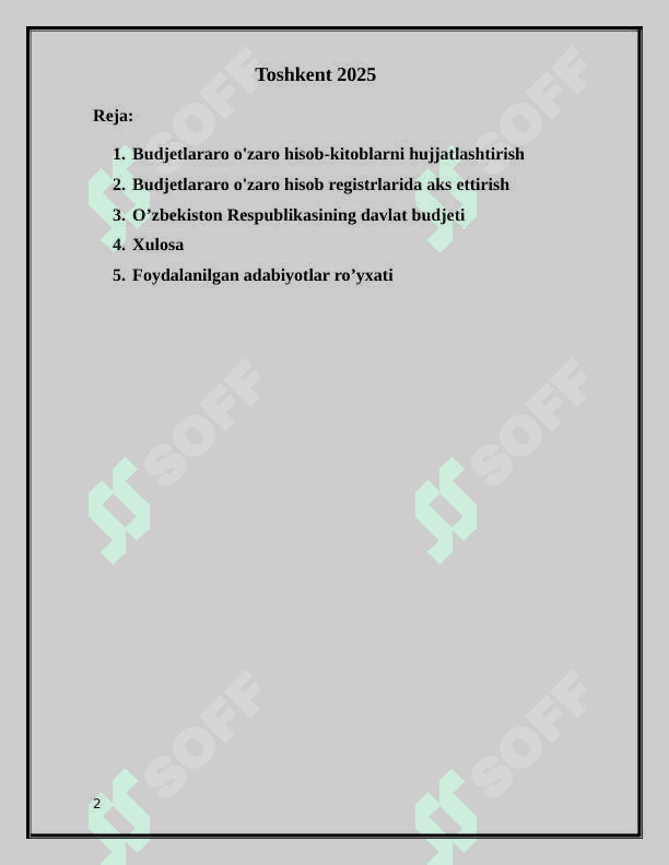 Budjetlararo o‘zaro hisob ‒ kitoblarni hujjatlashtirish va hisob registrlarida aks ettirish. 2
