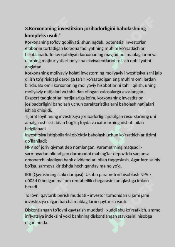 Biznesning jozibadorligini baholash usullari. 8