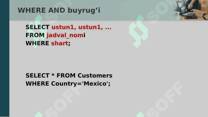 Ma'lumotlar Bazasi. WHERE AND buyrug'i bilan ishlash 3