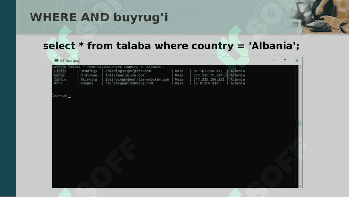 Ma'lumotlar Bazasi. WHERE AND buyrug'i bilan ishlash 4