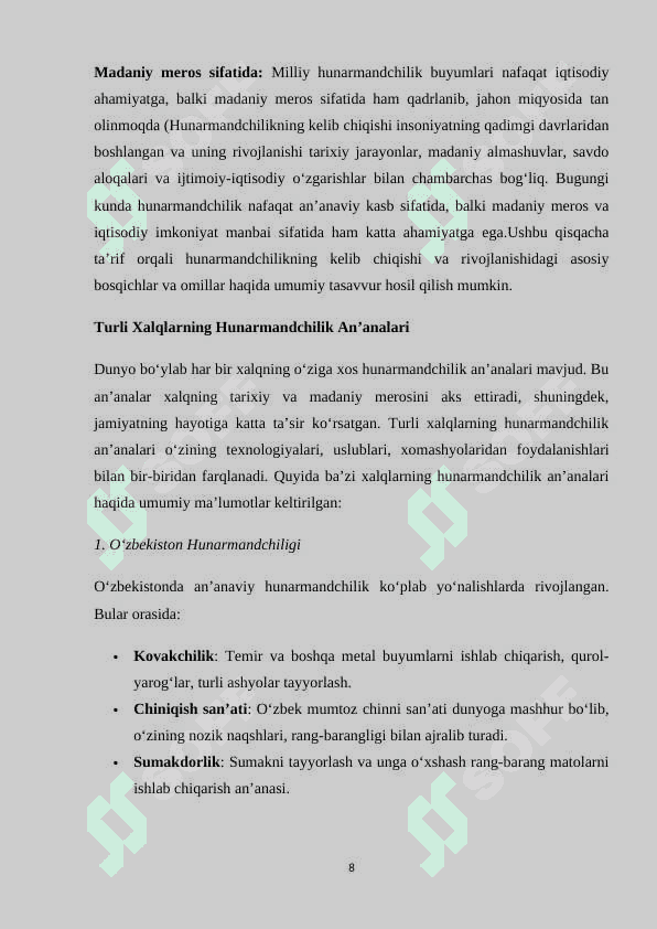 An’anaviy hunarmandchilik bilan bog’liq bilim va ko’nikmalar 8