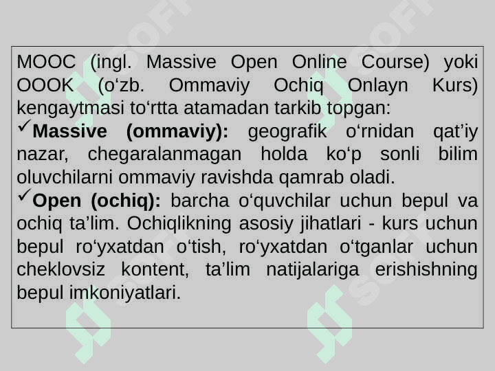 MOOC (massive open online courses – mashxur ochiq onlayn kurslar) haqida. MOOC platformalari turlari va vazifalari. Coursera, Khan Academy, Lektorium, EdX, Udemy platformalari bilan tanishish. 6
