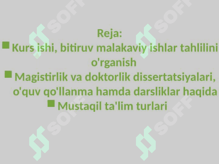Kurs ishi,bitiruv malakaviy ishlar, magistrlik va doktorlik dissertatsiyalari, o'quv qo'llanma hamda darsliklar, monografiyalarni tahlilini o'rganish. Mustaqil ta'limning maqsadi, vazifasi. Mustaqil ta'lim turlari 2