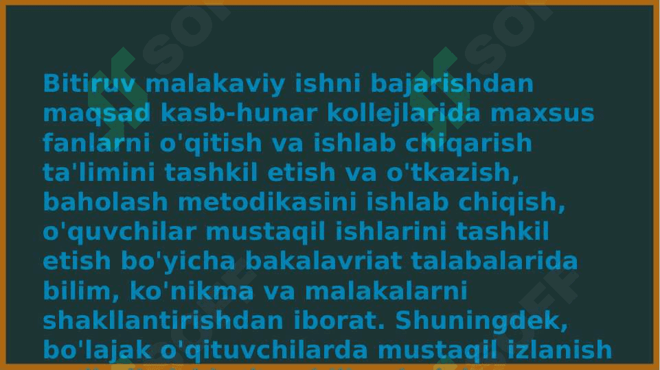 Bitiruv malakaviy ishlar maqsadi va vazifalari, bitiruv malakaviy ishlarga qo'yilgan  ilmiy, metodik va texnik talablar.  Bitiruv malakaviy ish himoyasi. Taqdimotlarni tayyorlash uchun zarur metodik va texnik talablar. 2