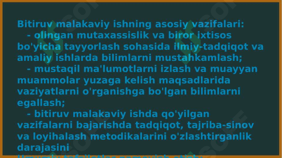 Bitiruv malakaviy ishlar maqsadi va vazifalari, bitiruv malakaviy ishlarga qo'yilgan  ilmiy, metodik va texnik talablar.  Bitiruv malakaviy ish himoyasi. Taqdimotlarni tayyorlash uchun zarur metodik va texnik talablar. 4