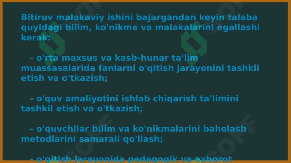 Bitiruv malakaviy ishlar maqsadi va vazifalari, bitiruv malakaviy ishlarga qo'yilgan  ilmiy, metodik va texnik talablar.  Bitiruv malakaviy ish himoyasi. Taqdimotlarni tayyorlash uchun zarur metodik va texnik talablar. 6