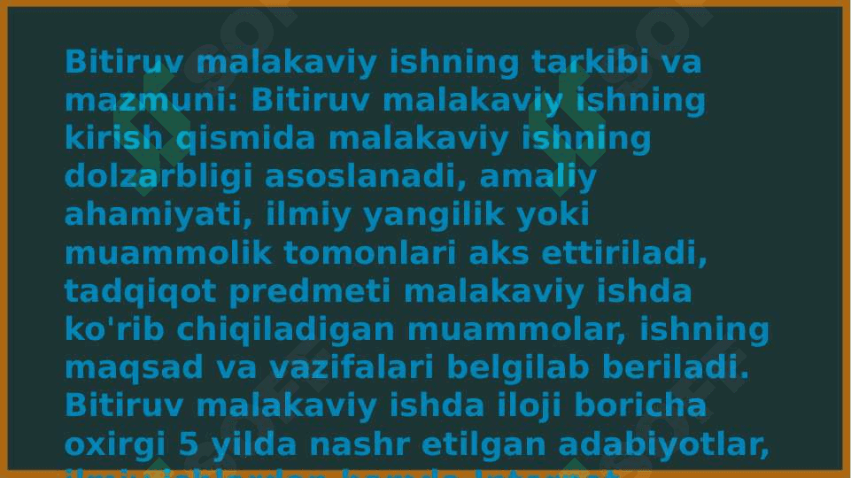 Bitiruv malakaviy ishlar maqsadi va vazifalari, bitiruv malakaviy ishlarga qo'yilgan  ilmiy, metodik va texnik talablar.  Bitiruv malakaviy ish himoyasi. Taqdimotlarni tayyorlash uchun zarur metodik va texnik talablar. 8